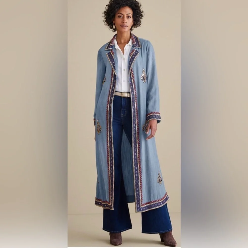 NWT Soft Surroundings Morena Duster denim jewel beaded boho long cardigan Medium - Picture 4 of 13